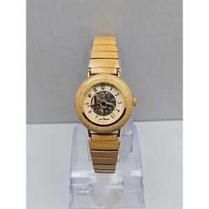 Lee Sands Womens Skeleton Dial Quartz Watch Gold Tone Wood Expansion New Battery
